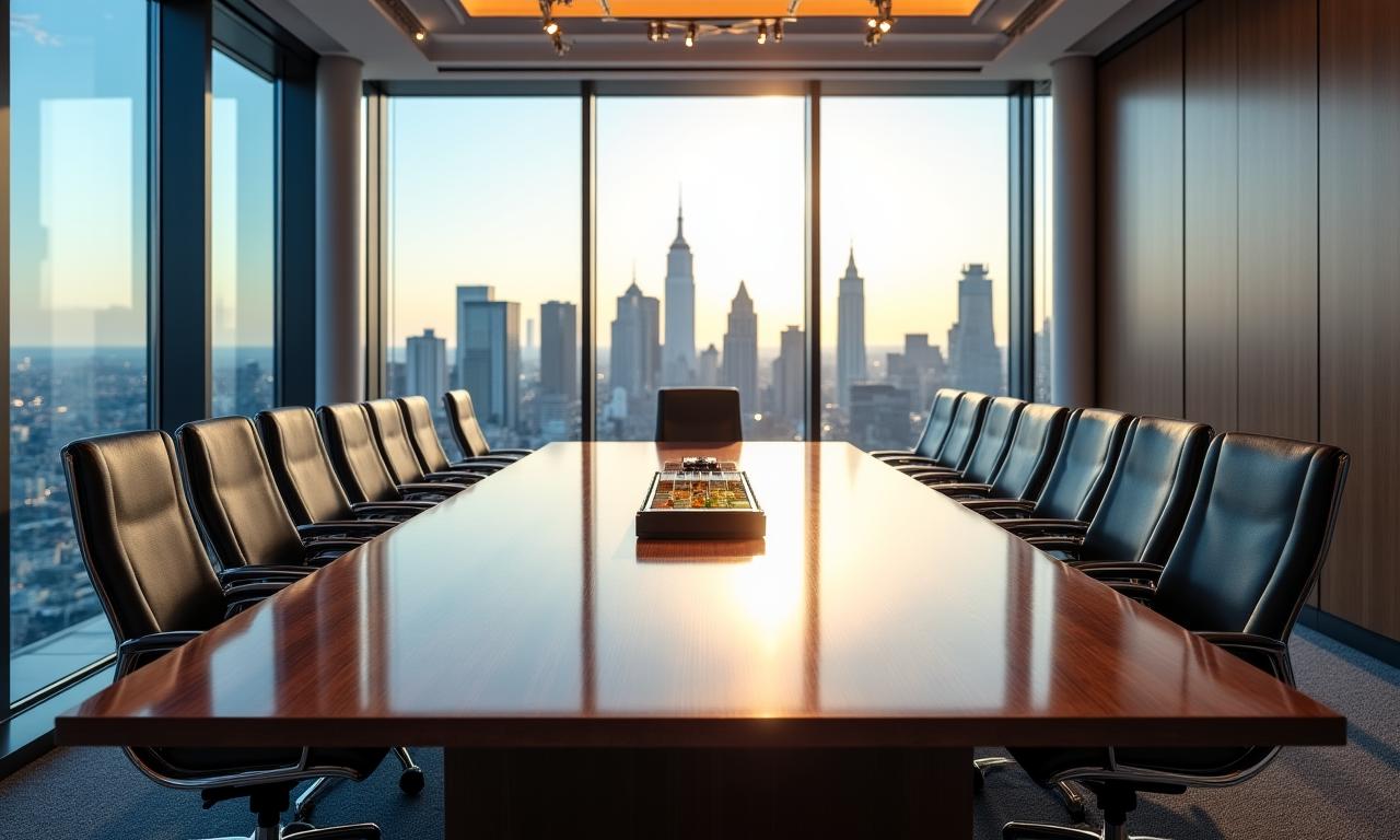 Modern professional legal boardroom with city view
